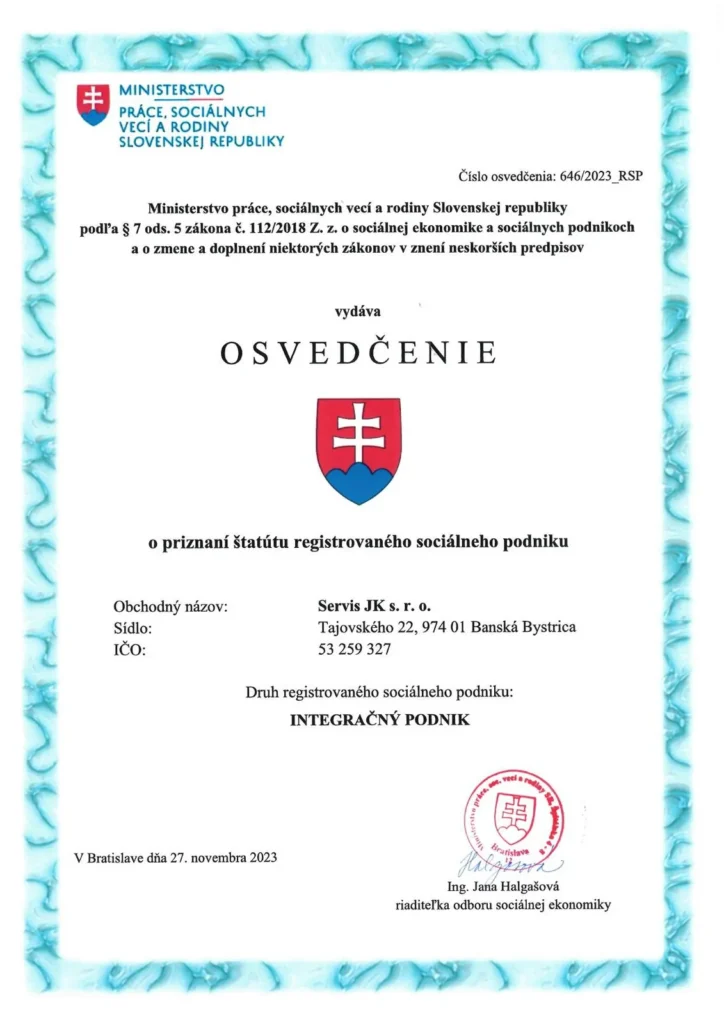 Osvedčenie registrovaného sociálneho podniku
