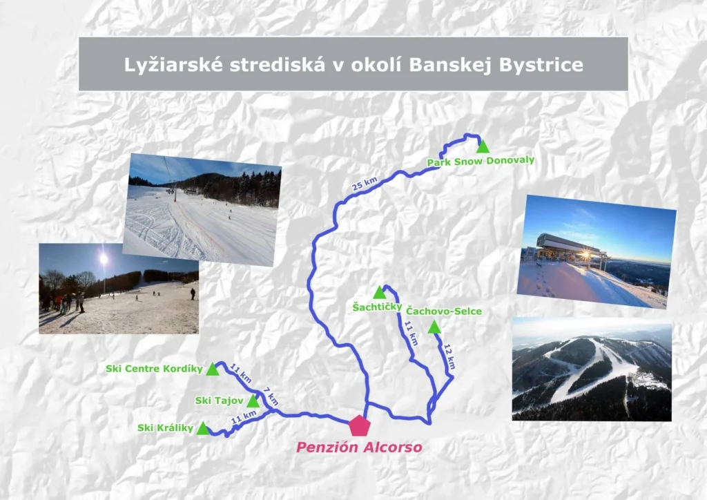 Mapa lyžiarskych stredísk v okolí Banskej Bystrice s polohou Penziónu Alcorso